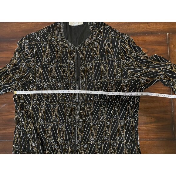 Valarie Stevens Evening black Gold & Silver Beaded Silk Cardigan Vintage 22 - Picture 11 of 15